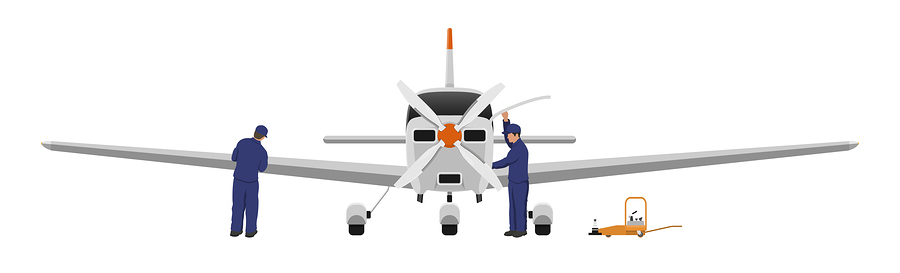 Repair and maintenance of aircraft. Engineers inspects the engine and wing of airplane. Industrial drawing of private plane in flat style. Front view. Vector illustration